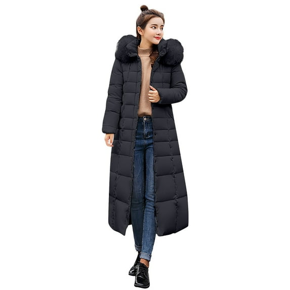 Lisingtool Winter Coats for Women's Solid Color Long Slim Hooded Detachable Collar Tie Warm Cotton Padded Pocket Long Sleeve Jacket Womens Tops Black