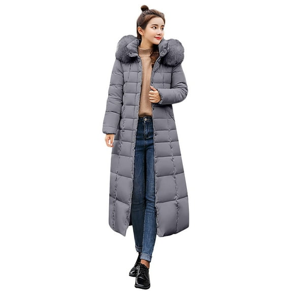 Lisingtool Winter Coats for Women's Solid Color Long Slim Hooded Detachable Collar Tie Warm Cotton Padded Pocket Long Sleeve Jacket Womens Tops Grey
