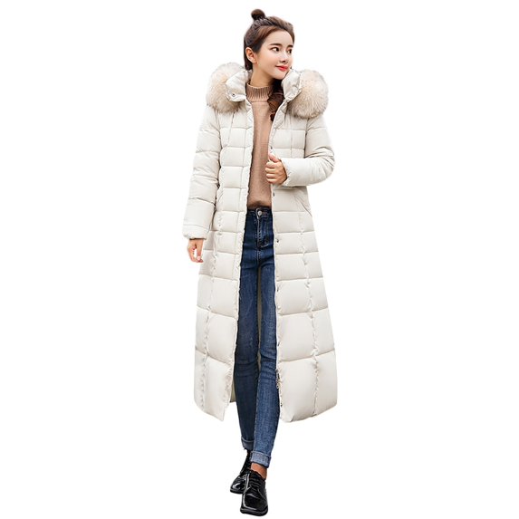 Lisingtool Winter Coats for Women's Solid Color Long Slim Hooded Detachable Collar Tie Warm Cotton Padded Pocket Long Sleeve Jacket Womens Tops White