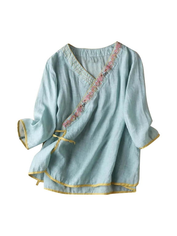 Women Cotton Linen Shirts Vintage Chinese Embroidery 3/4 Sleeve Casual Trendy Tops Loose V Neck Side Tie Slit Blouse Green