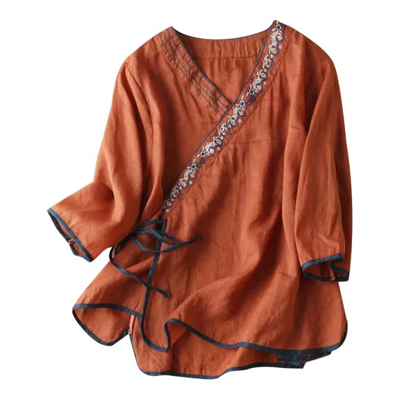 Lisingtool Women Cotton Linen Shirts Vintage Chinese Embroidery 3/4 Sleeve Casual Trendy Tops Loose V Neck Side Tie Slit Blouse Orange