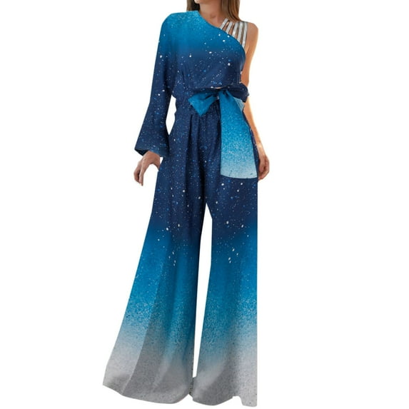 Lisingtool Women Dress Women's Jumpsuits Casual Long Sleeve One Shoulder Shiny Wide Leg Jumpsuit Blue