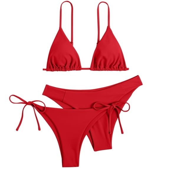Lisingtool Women's Bikini Swimsuits Women 3Pc Bandeau Bandage Bikini Set Push up Brazilian Swimwear Beachwear Swimsuit Bikiniwear Womens Swimsuits Red