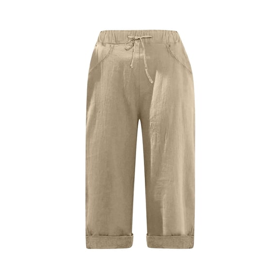 Lisingtool Women's Cotton And Linen Double Pocket Elastic Waist Quarter Pants Coffee