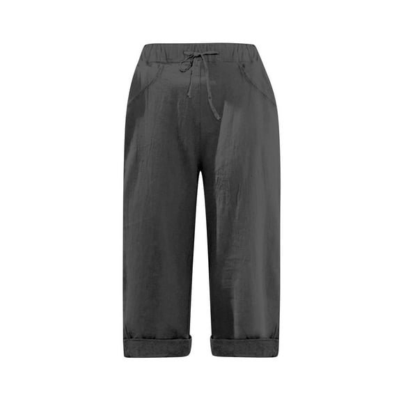 Lisingtool Women's Cotton And Linen Double Pocket Elastic Waist Quarter Pants Grey
