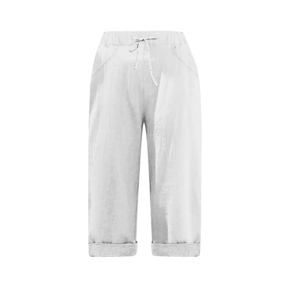 Lisingtool Women's Cotton And Linen Double Pocket Elastic Waist Quarter Pants White