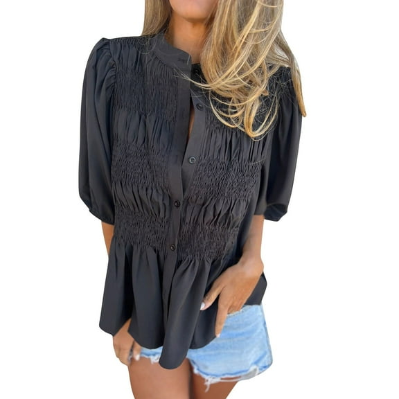 Lisingtool Women's Summer Tops Casual Puff Short Sleeve V Neck Button Loose Ruched Top Shirt Pleated Ruffle Blouse Black