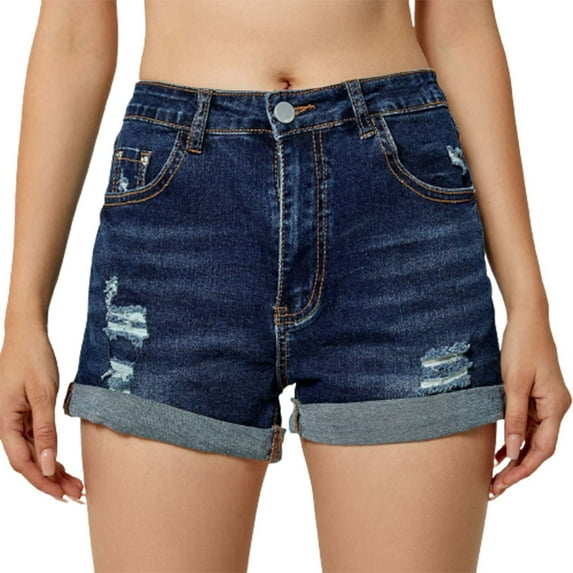 Lisingtool Womens Jeans 2023 European and American Trendy Ripped and Curled Elastic High Waist Denim Shorts Shorts for Women Blue