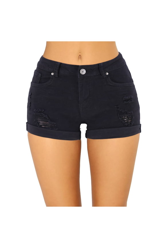Womens Jeans Women Low Rise Ripped Stretchy Jeans Shorts Cuffed Hem Casual Denim Shorts for Women Black