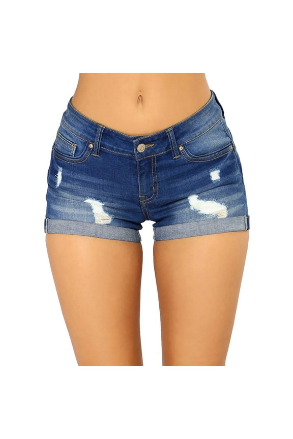 Womens Jeans Women Low Rise Ripped Stretchy Jeans Shorts Cuffed Hem Casual Denim Shorts for Women Dark Blue