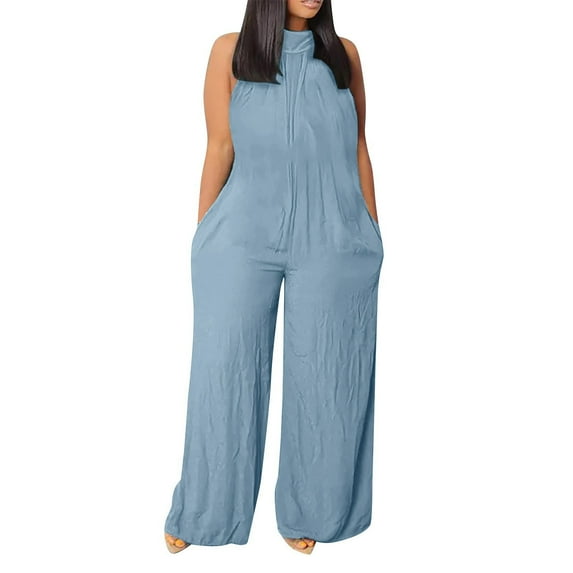 Lisingtool Womens Overalls Casual Loose Sleeveless Wide Leg High Neck Tank Jumpsuits for Women Dressy Blue