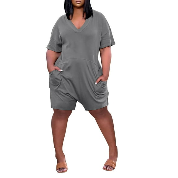 Lisingtool Womens Overalls Comfortable Leg Pockets Neck Short Women Sleeve Jumpsuit Wide V Summer Romper Short Women Jumpsuits for Women Dressy Grey