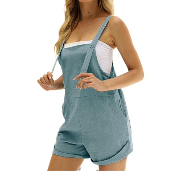 Lisingtool Womens Overalls Cotton and Linen 1 Piece Braces Solid Color Button Casual Women's Shorts Jumpsuits for Women Dressy Blue