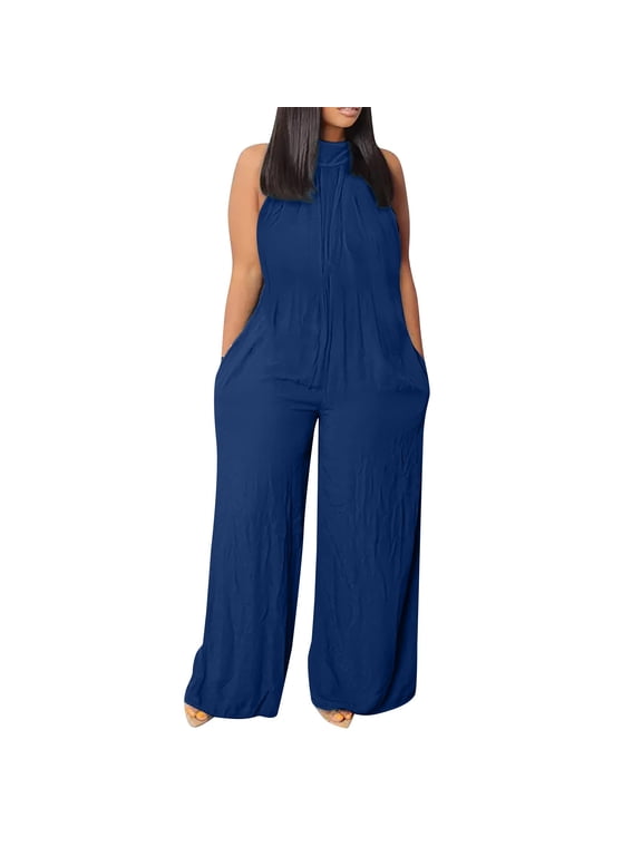 Womens Overalls Plus Size Womens Casual Sleeveless Loose Solid Jumpsuits Baggy Stretchy Long Pant Romper Overalls with Pockets Jumpsuits for Women Dressy Blue