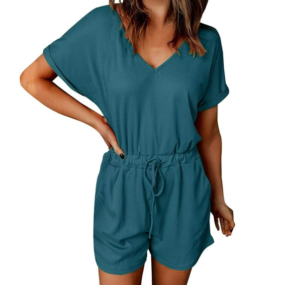 Lisingtool Womens Overalls Rompers for Women V Neck Summer Casual Loose Short Sleeve Jumpsuits Elastic Waist Summer Outfits with Pockets Jumpsuits for Women Dressy Blue