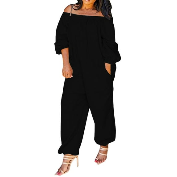 Lisingtool Womens Overalls Women Casual Solid Cold Shoulder Long Sleeve Jumpsuit Loong Siamese Plus Size Pocket Rompers Jumpsuits for Women Dressy Black