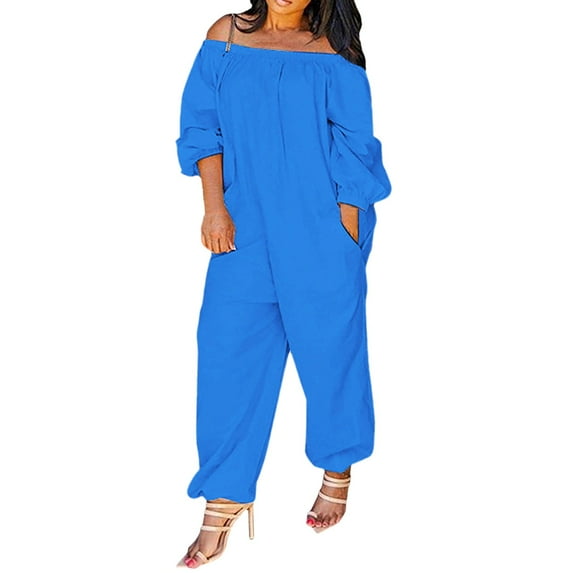 Lisingtool Womens Overalls Women Casual Solid Cold Shoulder Long Sleeve Jumpsuit Loong Siamese Plus Size Pocket Rompers Jumpsuits for Women Dressy Blue