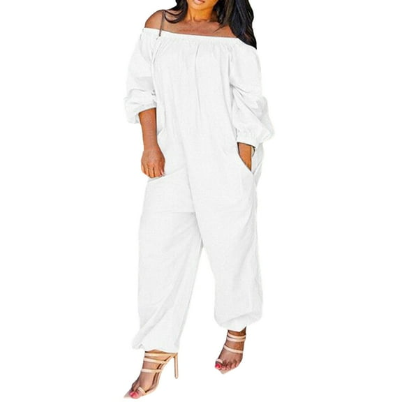 Lisingtool Womens Overalls Women Casual Solid Cold Shoulder Long Sleeve Jumpsuit Loong Siamese Plus Size Pocket Rompers Jumpsuits for Women Dressy White