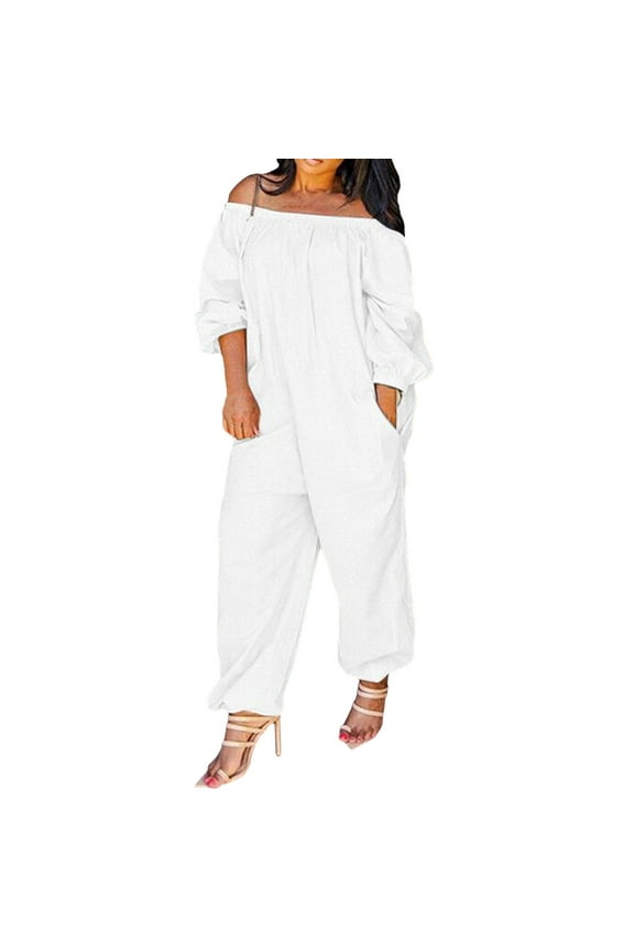 Womens Overalls Women Casual Solid Cold Shoulder Long Sleeve Jumpsuit Loong Siamese Plus Size Pocket Rompers Jumpsuits for Women Dressy White