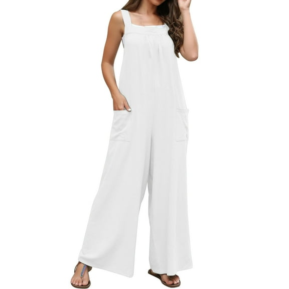 Lisingtool Womens Overalls Women's Sleeveless Overalls Jumpsuit Casual Solid Summer Wide Leg Pants Jumpsuit Romper with Button Pockets Casual Jumpsuits for Women Dressy White