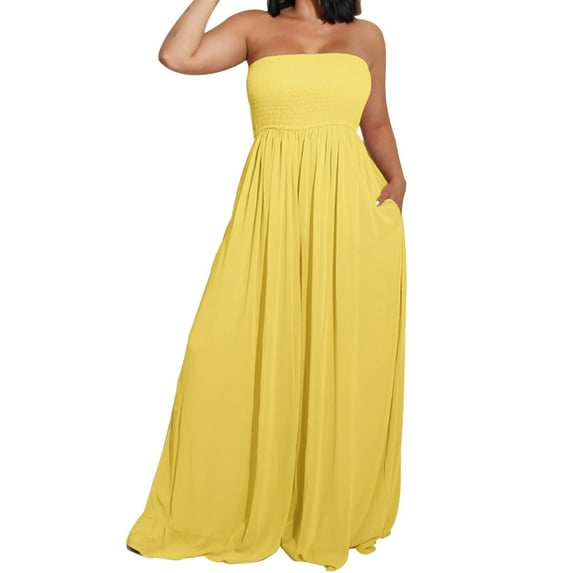 Lisingtool Womens Overalls Women's Summer Fashion Casual Smocked Wide Leg Jumpsuit Romper Sleeveless Tube Neck Jumpsuits for Women Dressy Yellow