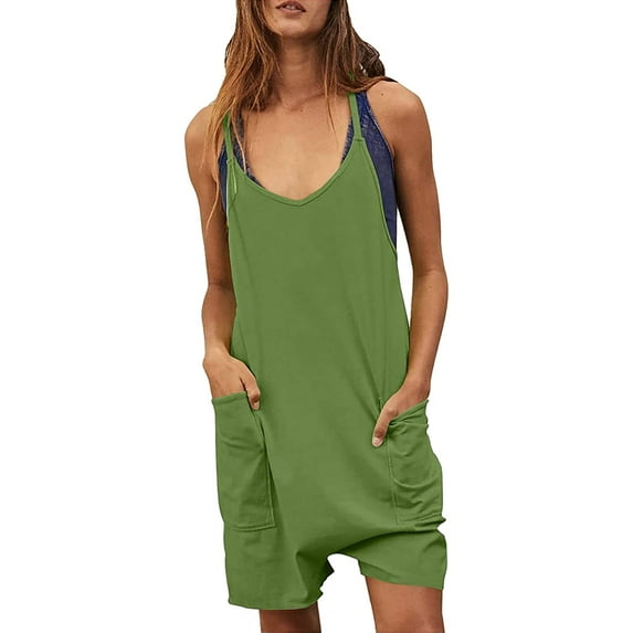 Lisingtool Womens Overalls Womens Summer Casual Sleeveless Rompers Loose Spaghetti Strap Shorts Jumpsuit with Pockets Jumpsuits for Women Dressy Green