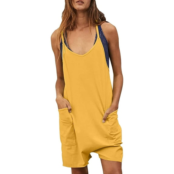 Lisingtool Womens Overalls Womens Summer Casual Sleeveless Rompers Loose Spaghetti Strap Shorts Jumpsuit with Pockets Jumpsuits for Women Dressy Yellow