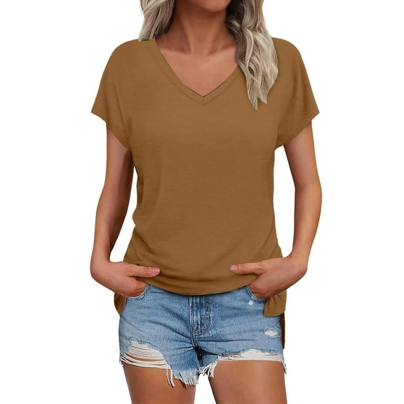 Lisingtool Womens Summer Daily Casual V Neck Shirts Short Sleeve Tops Blouses Loose Fit Shirt Coffee