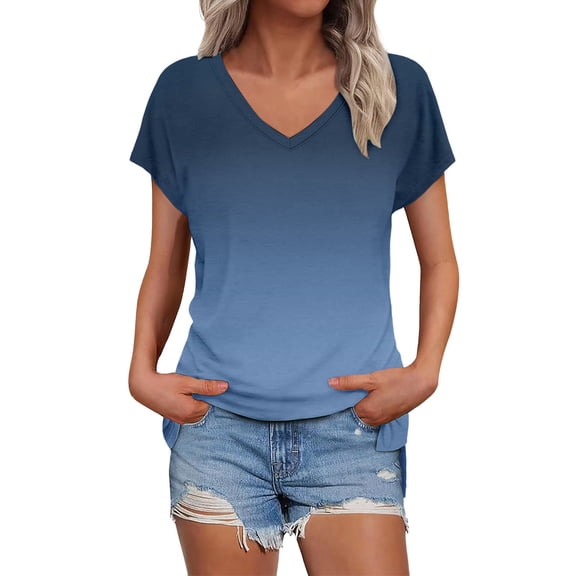 Lisingtool Womens Summer Daily Casual V Neck Shirts Short Sleeve Tops Blouses Loose Fit Shirt Navy
