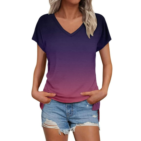 Lisingtool Womens Summer Daily Casual V Neck Shirts Short Sleeve Tops Blouses Loose Fit Shirt Purple