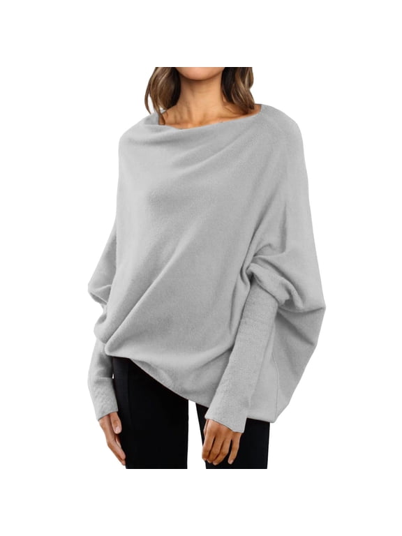 Womens Sweaters Fall Sweaters for Women Asymmetric Draped Jumper Long Batwing Sleeve off The Shoulder Sweater Slouchy Knit Pullover Long Sleeve Tops Grey