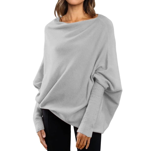 Lisingtool Womens Sweaters Fall Sweaters for Women Asymmetric Draped Jumper Long Batwing Sleeve off The Shoulder Sweater Slouchy Knit Pullover Long Sleeve Tops Grey