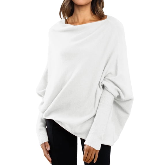 Lisingtool Womens Sweaters Fall Sweaters for Women Asymmetric Draped Jumper Long Batwing Sleeve off The Shoulder Sweater Slouchy Knit Pullover Long Sleeve Tops White
