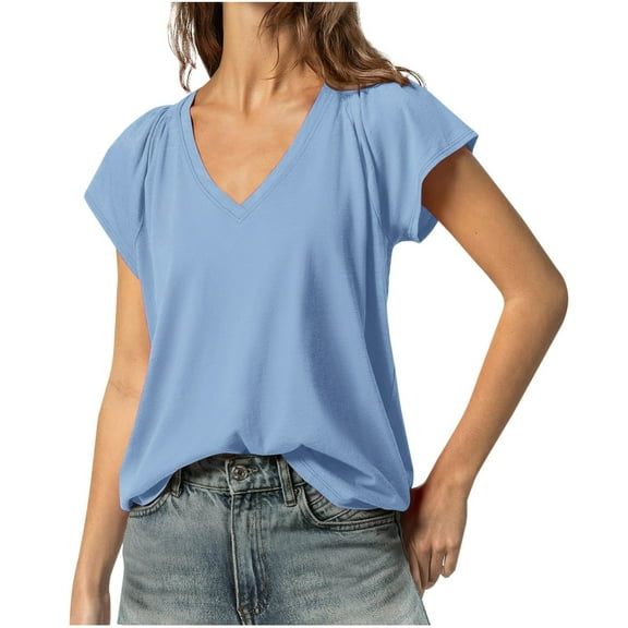 Lisingtool Womens Tops Basic Summer V Neck T Shirts Short Sleeve Casual Loose Fit Cute Tee Clothes Trendy Fashion Outfits Blue
