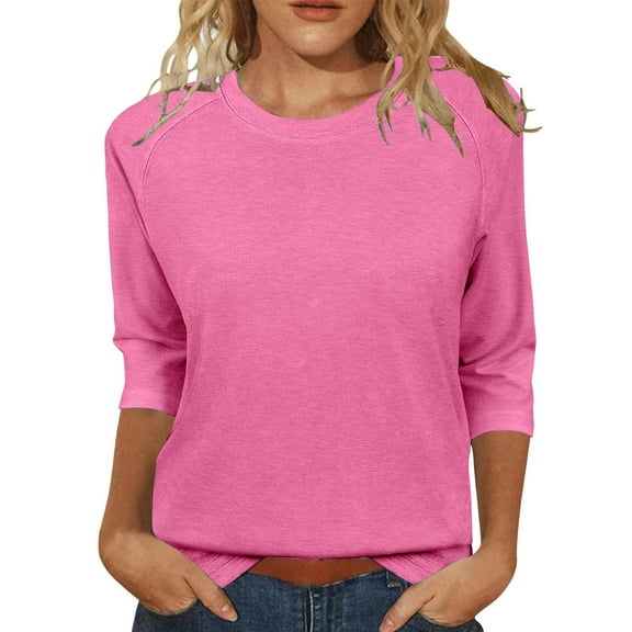 Lisingtool Womens Tops Casual 3/4 Sleeve Crew Neck Shirts Loose Fit Tunic Blouses Summer Tees Hot Pink