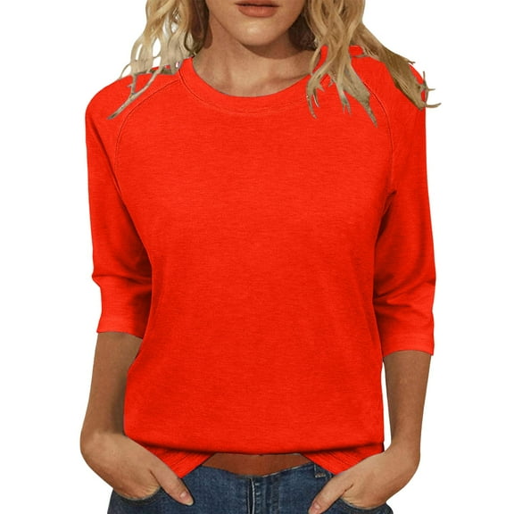 Lisingtool Womens Tops Casual 3/4 Sleeve Crew Neck Shirts Loose Fit Tunic Blouses Summer Tees Orange