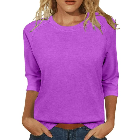 Lisingtool Womens Tops Casual 3/4 Sleeve Crew Neck Shirts Loose Fit Tunic Blouses Summer Tees Purple