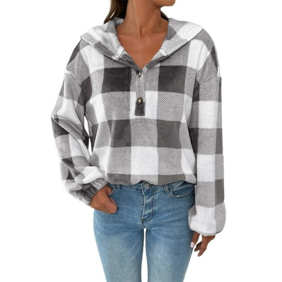 Lisingtool Womens Tops Gingham Half Button Drop Shoulder Hoodie Womens Casual Plaid Shacket Button Down Long Sleeve Sweatshirt Essential Hoodies Grey