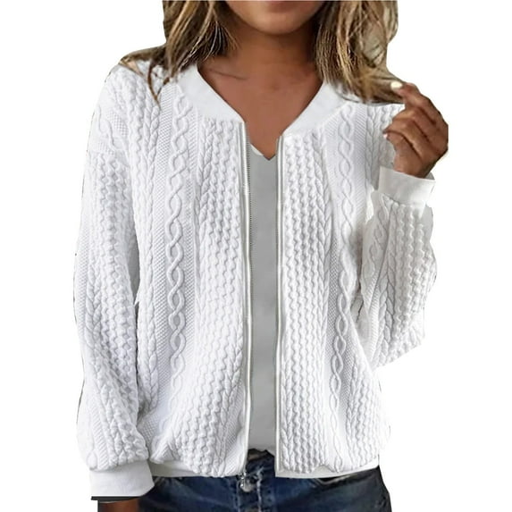 Lisingtool Womens Tops Women's Fall Crew Neck Solid Color Jacquard Texture Casual Style Zip up Short Jacket Womens Winter Coats White