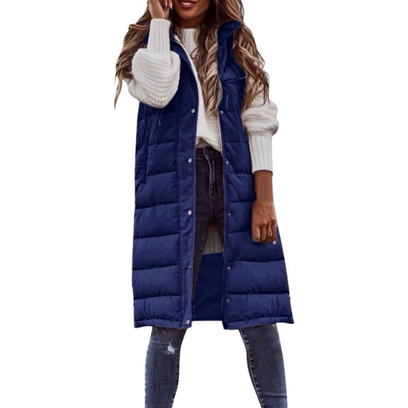 Lisingtool Womens Tops Women's Long Winter Coat Vest with Hood Sleeveless Warm down Coat with Pockets Quilted Vest down Jacket Quilted Outdoor Jacket Womens Winter Coats Blue