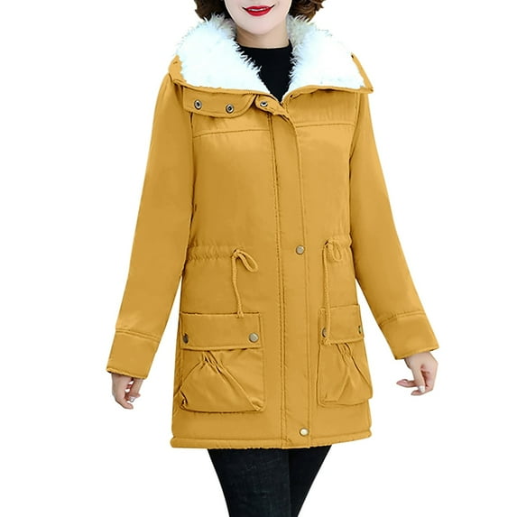 Lisingtool Womens Tops Women's Solid Color Mid Length Lamb Suede Cotton Coat Winter Coat Large Size Coat Womens Winter Coats Yellow