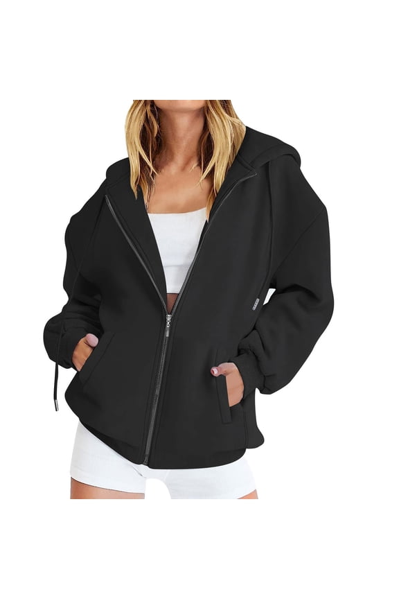 Womens Tops Womens Oversized Zip up Hoodie Baggy Loose Zipper Hooded Sweatshirt Coat with Double Pockets Jacket Essential Hoodies Black