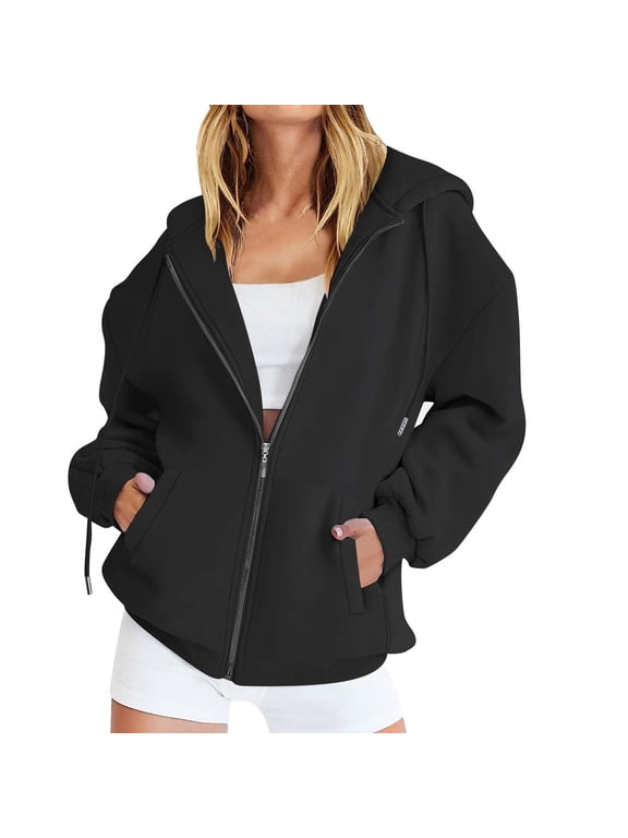 Womens Tops Womens Oversized Zip up Hoodie Baggy Loose Zipper Hooded Sweatshirt Coat with Double Pockets Jacket Essential Hoodies Black