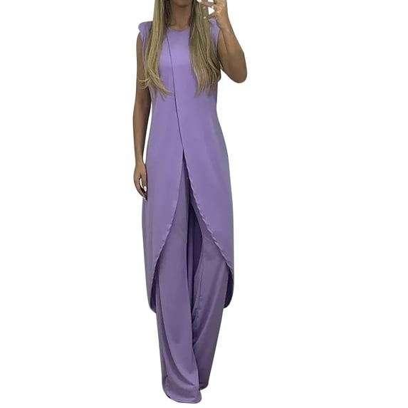 Lisingtool Work Pants for Women 7 Colors Mature Women Suit Suit for Women Summer Slit Sleeveless Loose Blouse And Wide Leg Pants Set Womens Pants Purple
