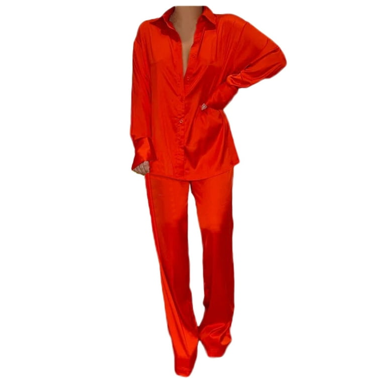 Lisingtool Wide Leg Pants Satin Sets Women 2 Piece Outfits Casual Long  Sleeve Button Down Shirt Pants Outfits Fashion Streetwear Pajamas Red 