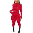 thumbnail image 1 of Lisingtool Work Pants for Women 2 Piece Outfits Women Black Stretchy Mesh Long Sleeve Blouse Bodycon Pants Set Pants for Women Red, 1 of 8
