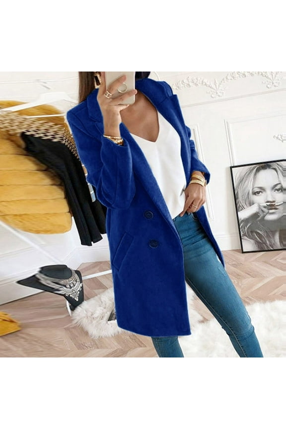 coats for women Woman Long Wool Coat Elegant Blend Coats Slim Female Long Coat Outerwear Jacket Blue M