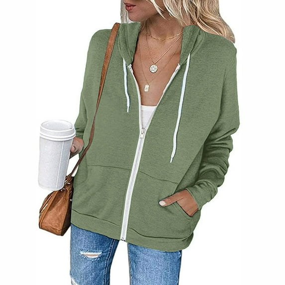 Lisingtool coats for women Womens Hoodie Full Zip Long Sleeve Lightweight Sweatshirts Pockets Jacket Coat Army Green L