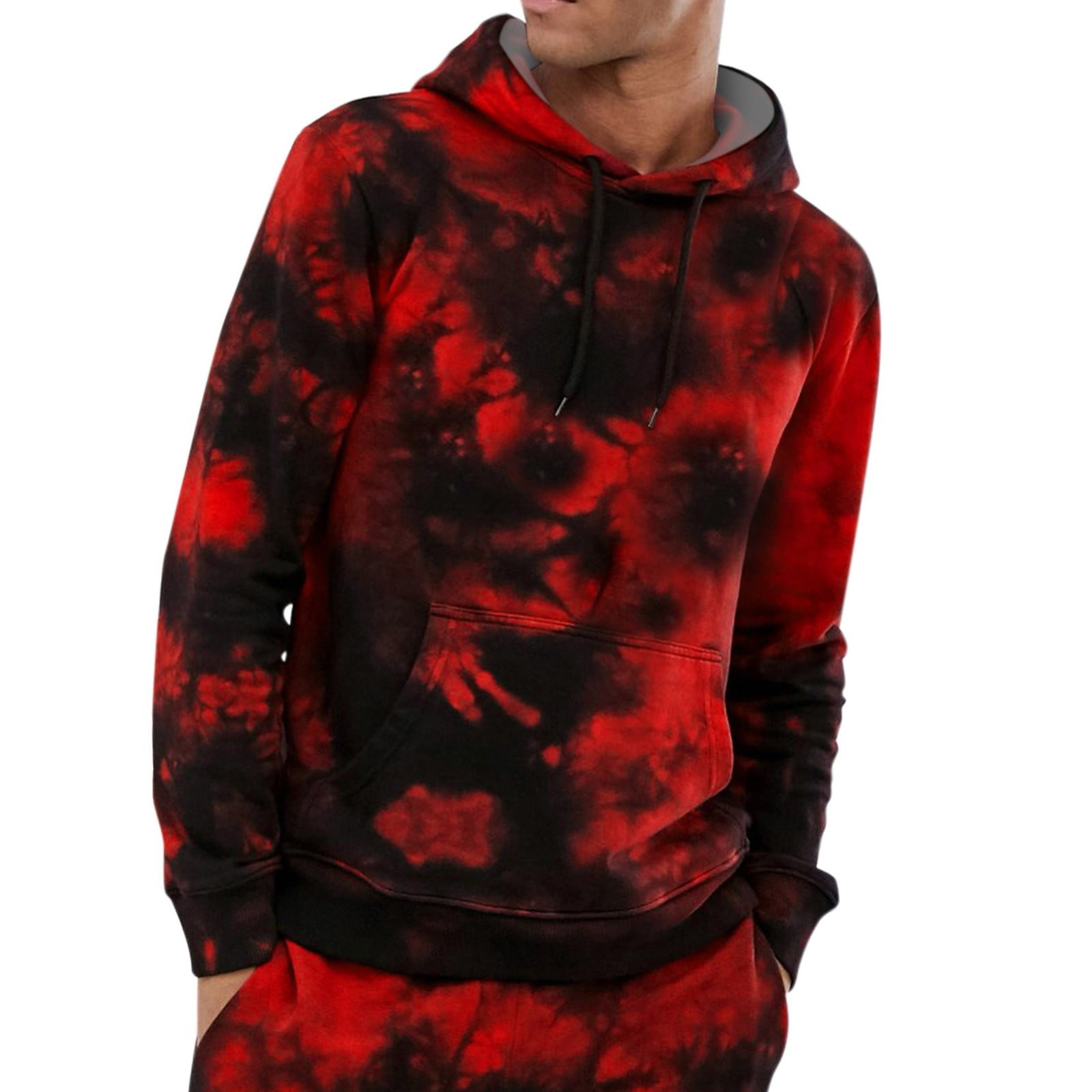 Lisingtool hoodies for men Mens Casual Color Block Tie-Dye Pullover Hooded Sweatshirt With Pocket Red