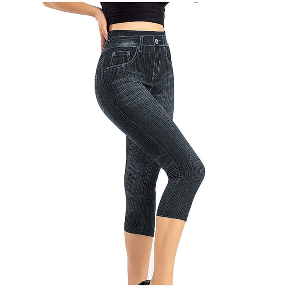 Lisingtool jeans for women Women's Capris Imitation Jeans Leggings High Waist Elastic Leggings high waisted jeans for women Black